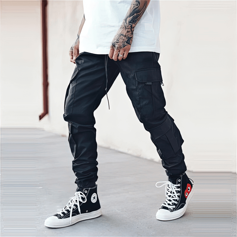 Male sweatpants joggers with side pockets, mid-waist, regular fit, crafted from polyester-cotton for mobility and comfort.